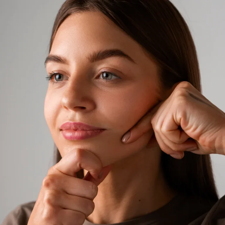 woman shows her face after jawline and chin contouring surgery